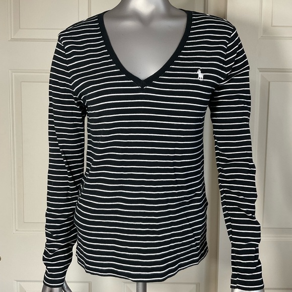 Ralph Lauren Black White Striped Long Sleeve Knit Top Women 100%Cotton Size L - Picture 4 of 7